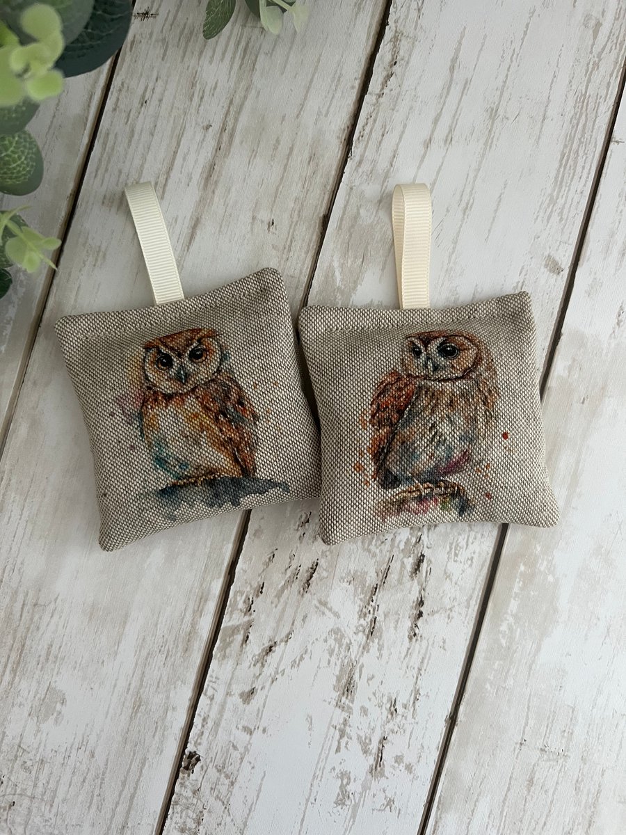 Lavender Sachets: Pair of Owls: Cotton Rich Linen Fabric, Sleep