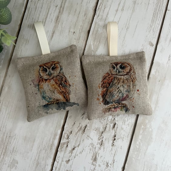 Lavender Sachets: Pair of Owls: Cotton Rich Linen Fabric, Sleep