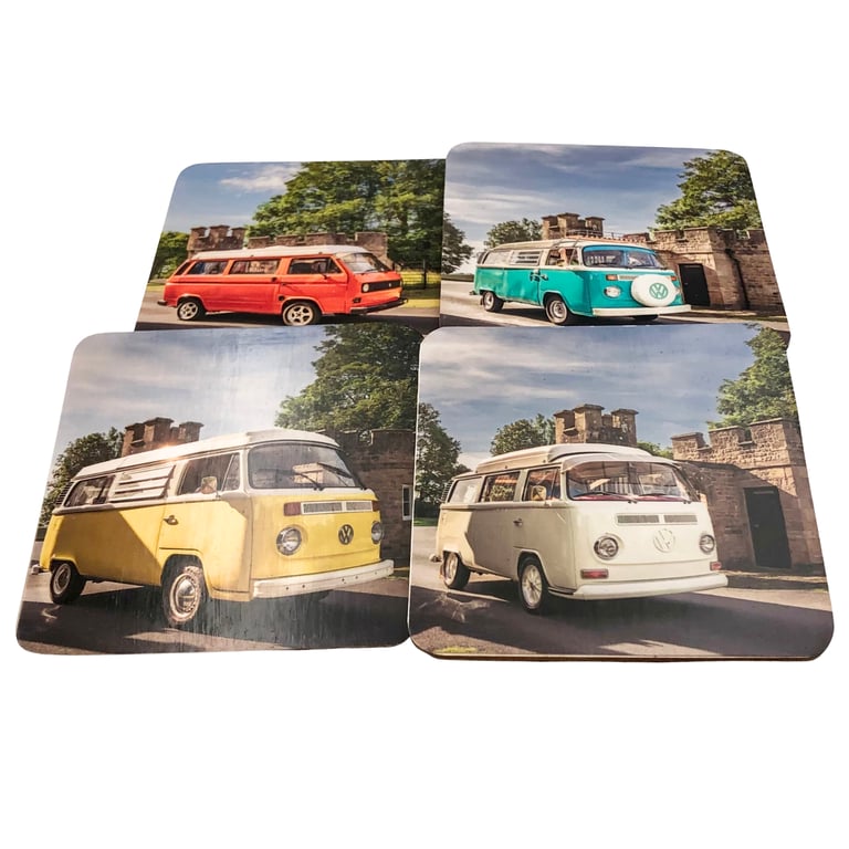 Set of 4 Square Corked Back Coasters featuring Vintage Camper Vans