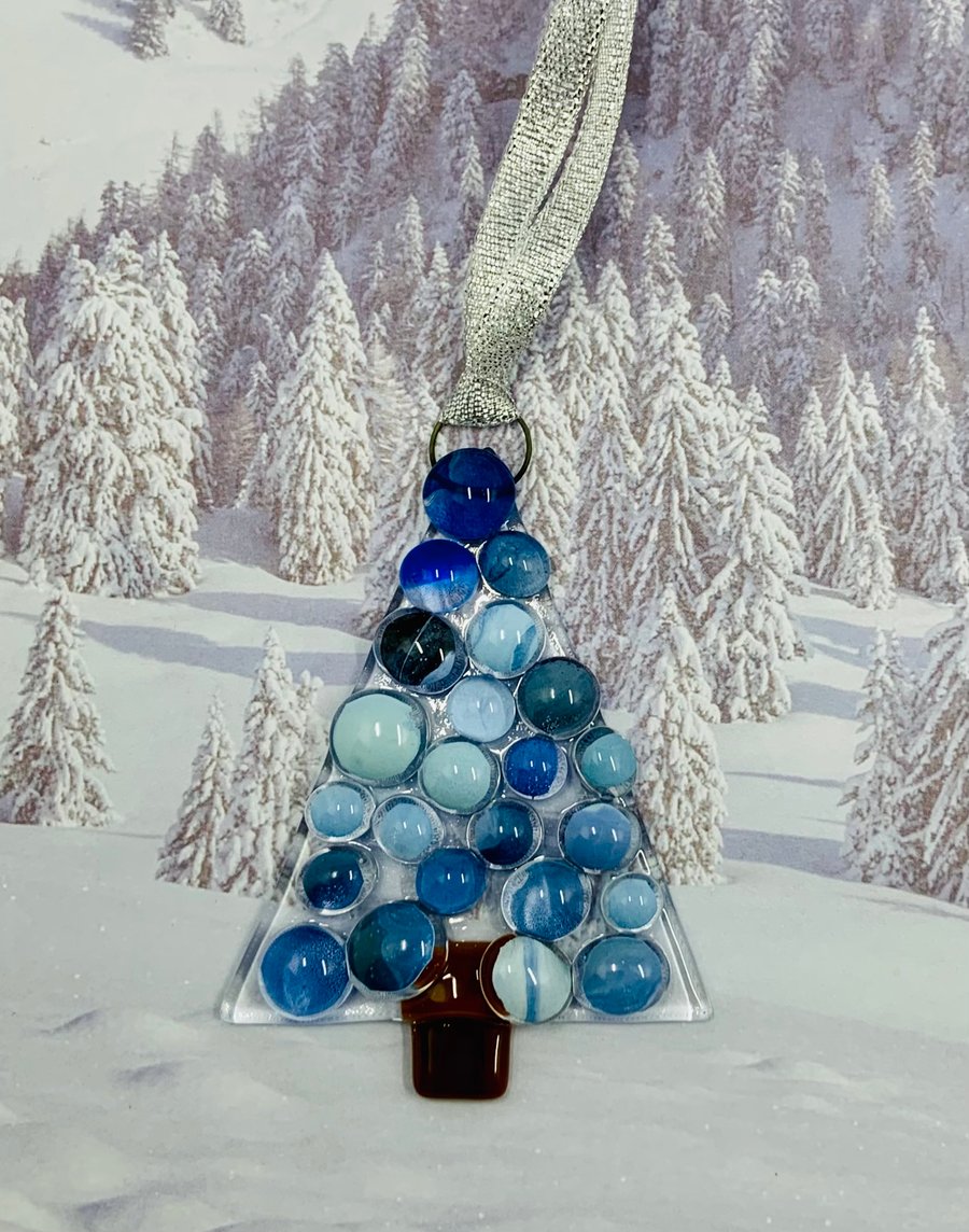 Handmade Fused Glass Xmas Tree Hanging Christmas Decoration 