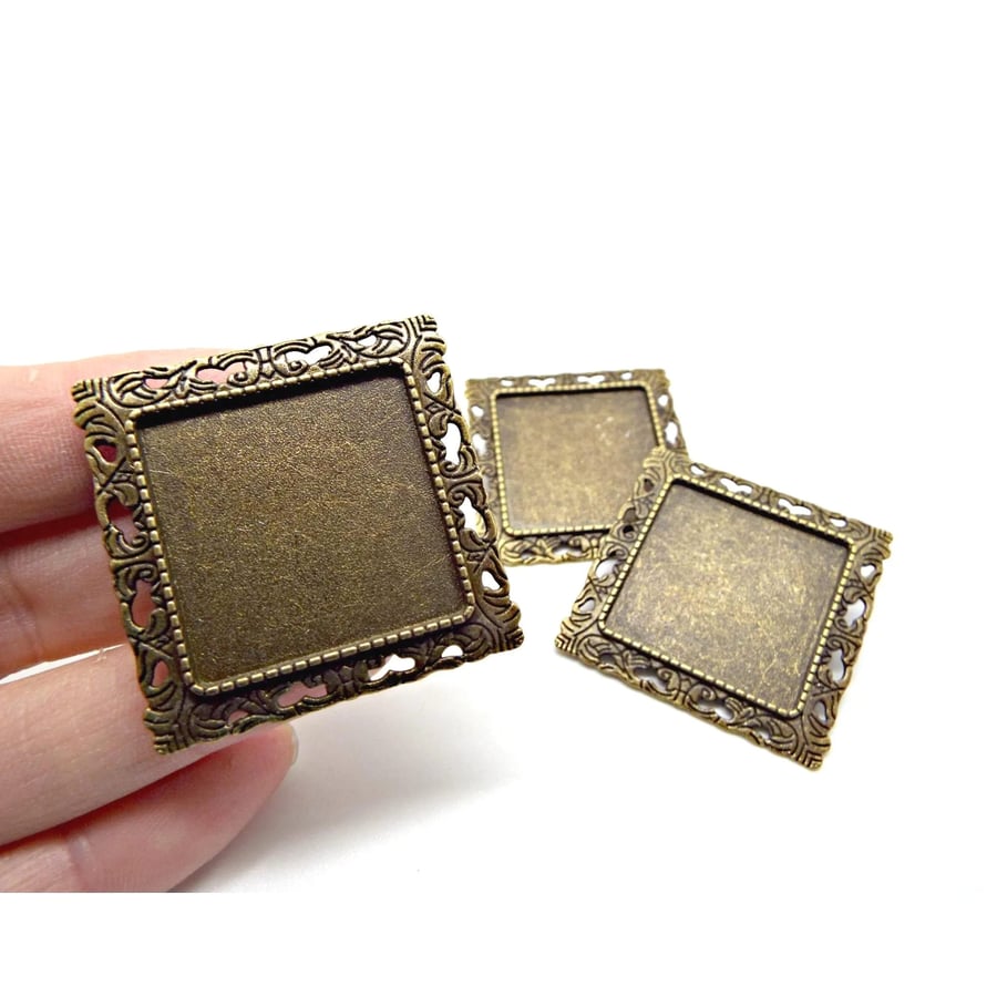 3 Square Brooch Blanks in Antique Bronze Tone with 24mm Bezel Setting