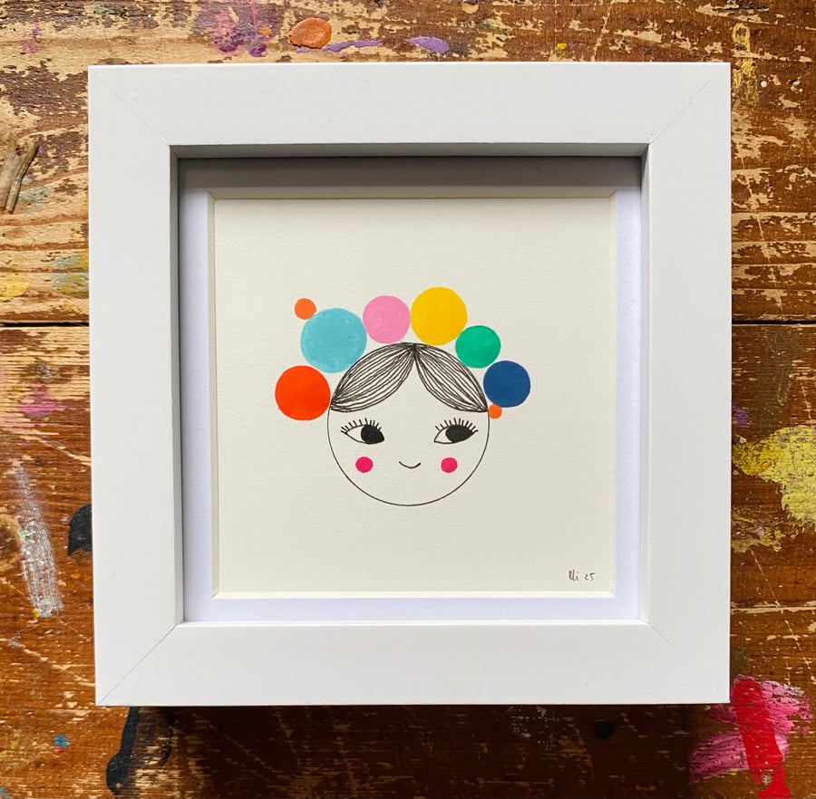 Rainbow Pom Pom - Framed, original illustration.