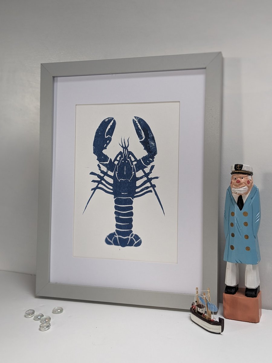 Handmade Original Linocut print Print 'Blue Lobster'