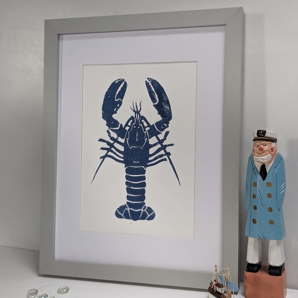 Handmade Original Linocut print Print 'Blue Lobster'