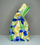 Handmade Japanese Knot Bag - Blue Iris Floral Pattern With Gold Satin  - Image 2