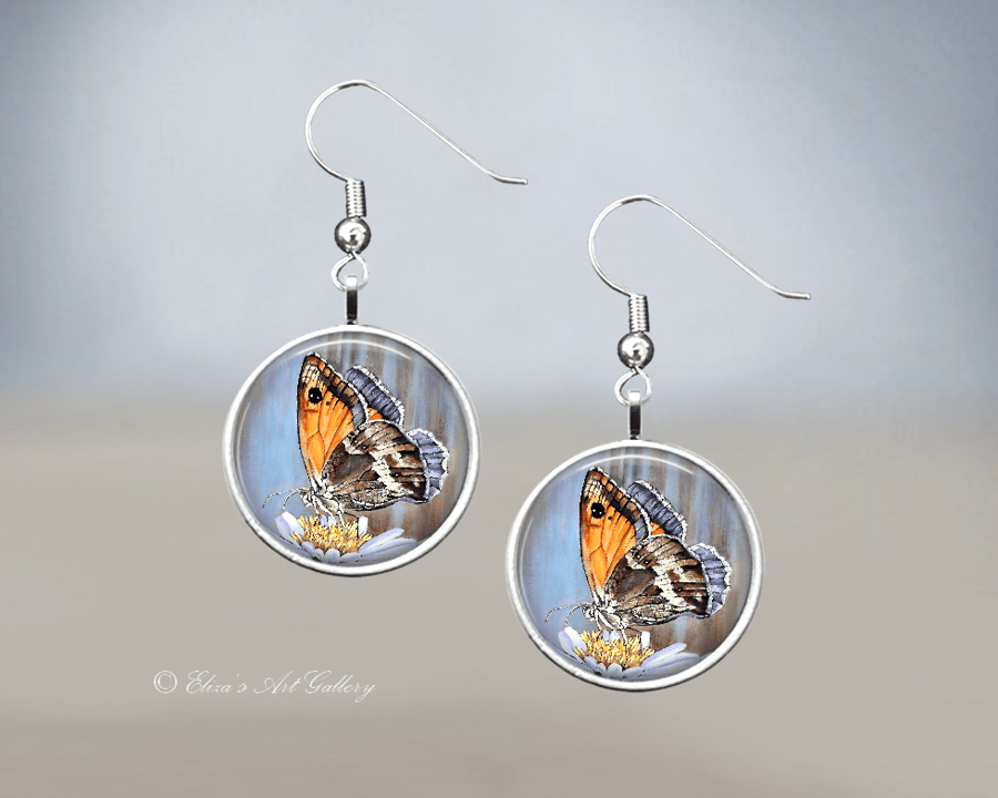 Silver Plated Meadow Brown Butterfly Art Earrings