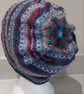 Handknit Beanie Hat 100% MERINO Stripey jacquard in purples, pastels & red Med - Image 3
