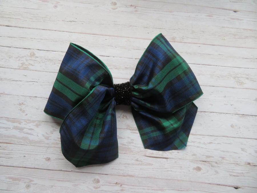 Black Watch Tartan Retro Style Clip In Hair Bow