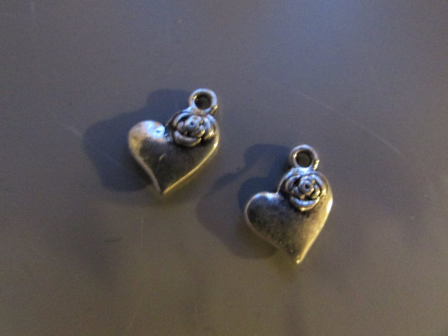 Silver Heart with rose Tibetan Jewellery Charm x 2
