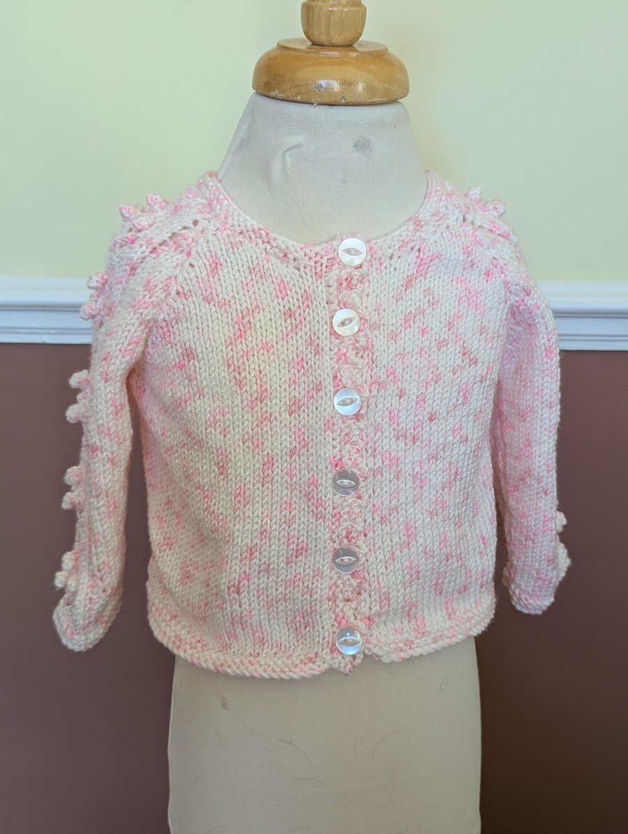 Pink and White Hand Knitted Long Sleeved Cardigan