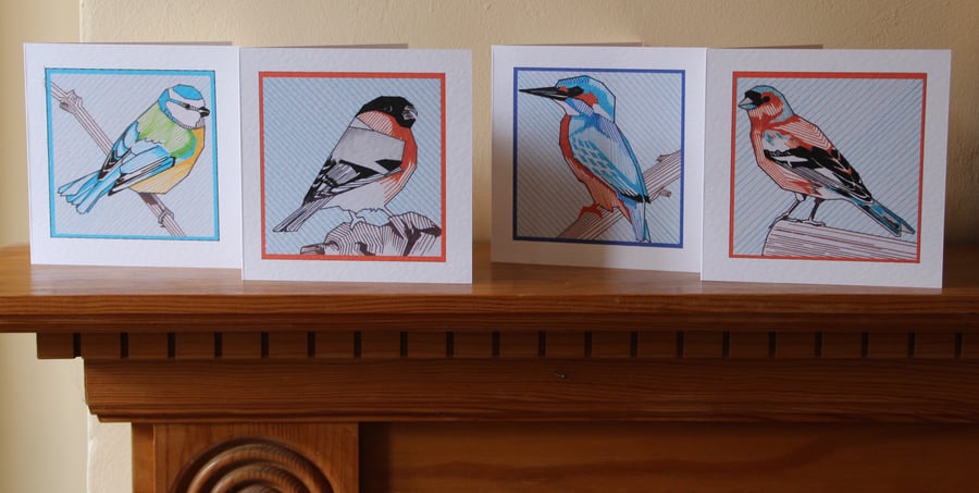 Set of 4 bird gift cards: King fisher, Brambling, Bull finch and Bluetit