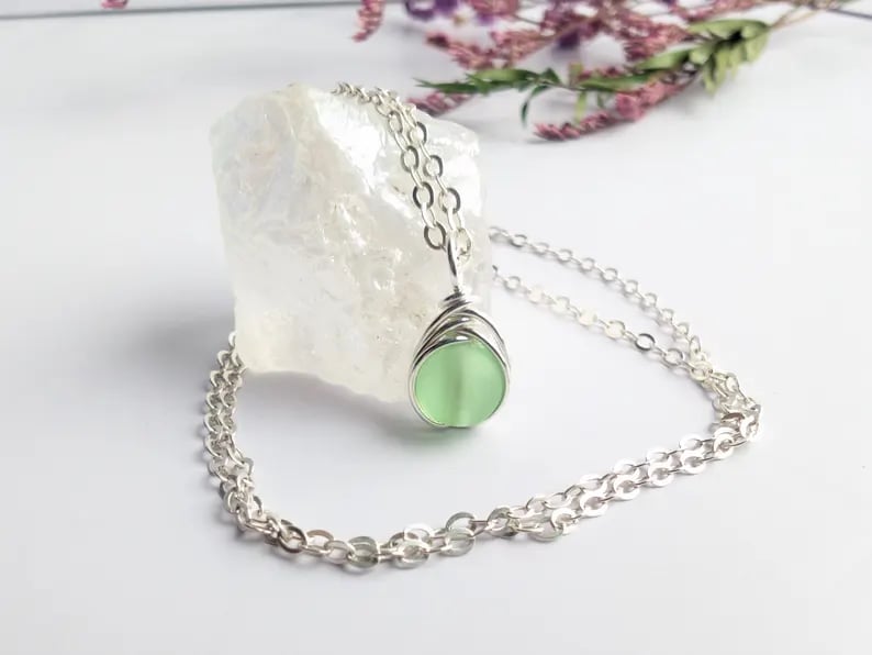 SEAGLASS Spring Green Necklace, Minimalist Dainty Sterling Silver Pendant