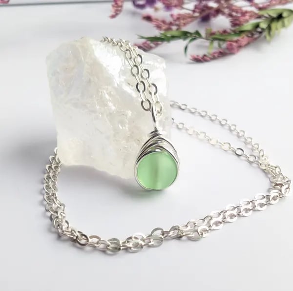 SEAGLASS Spring Green Necklace, Minimalist Dainty Sterling Silver Pendant