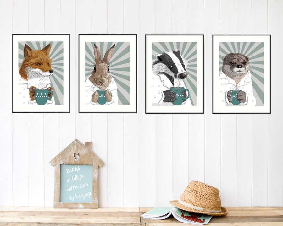 Tea wall art prints - Fox, otter, badger and rabbit art print set of four