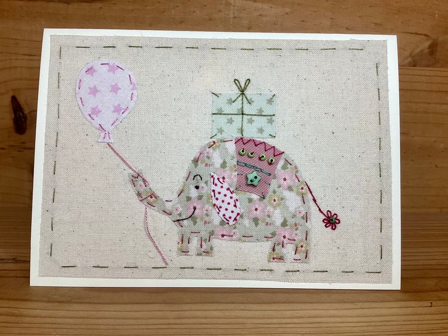 Ernie Elephant hand embroidered fabric card