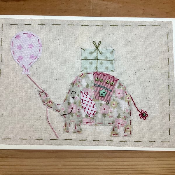 Ernie Elephant hand embroidered fabric card
