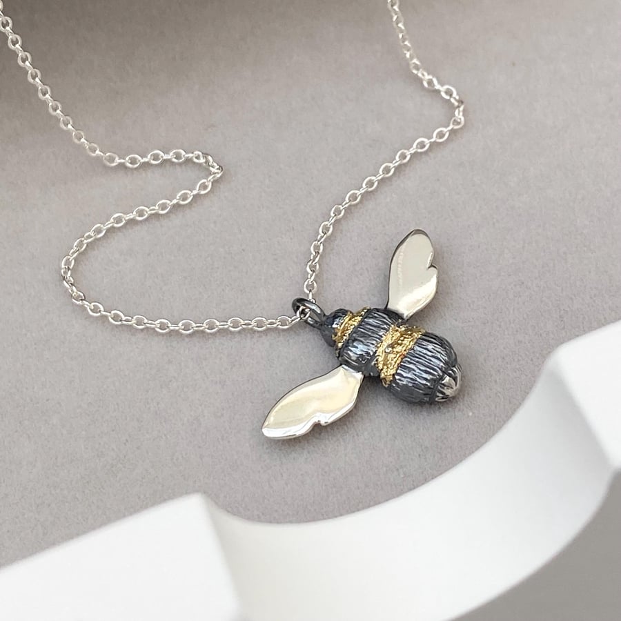 Oxidised solid silver and gold detail Bumblebee pendant on silver trace chain