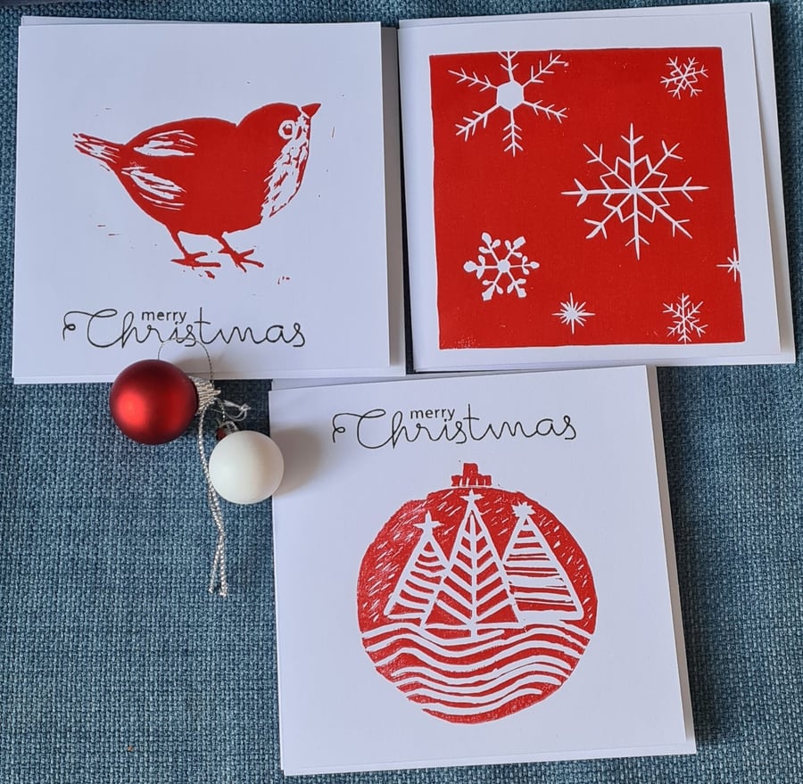 3 Christmas cards handprinted original linocuts 