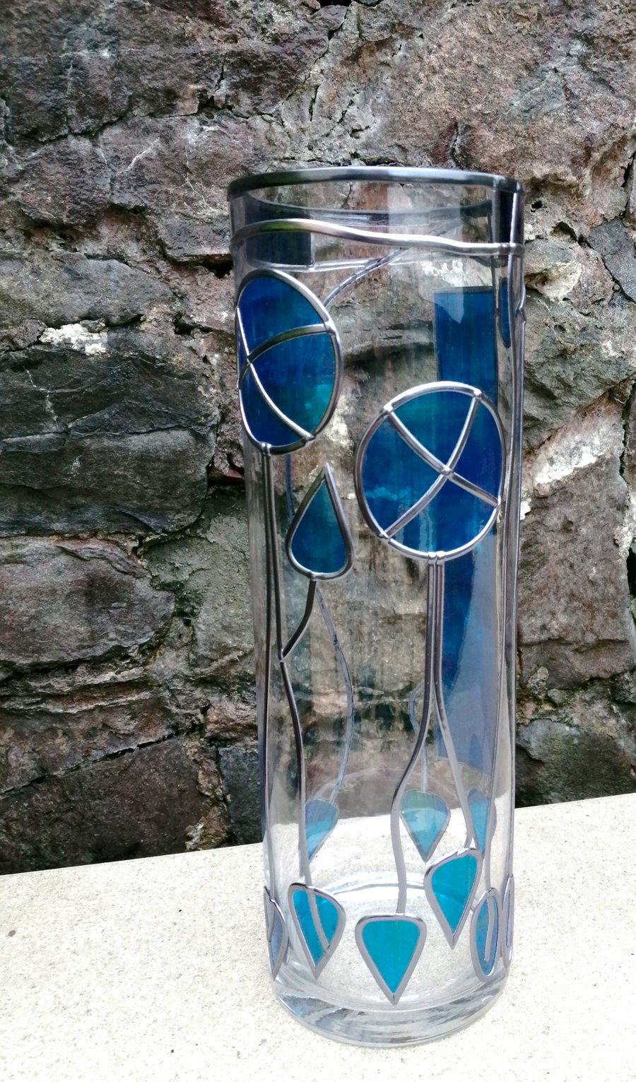 Mackintosh Style Stained Glass Vase: Art Deco Teal Flower Vase