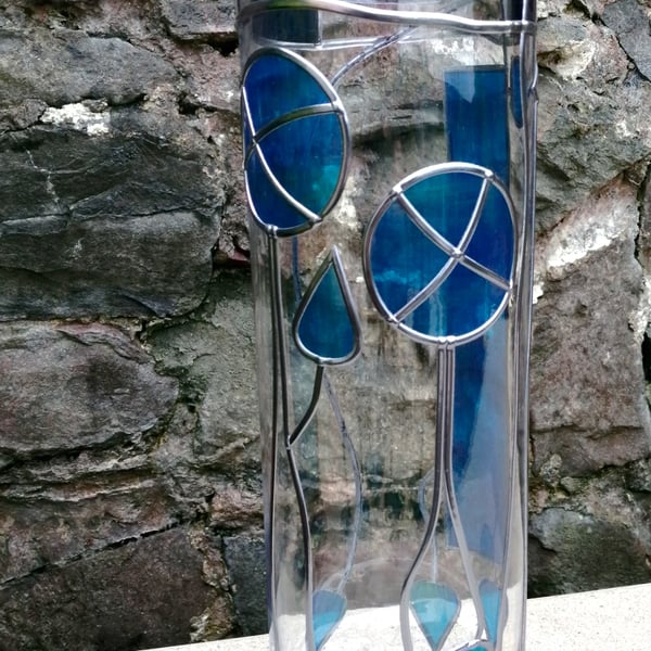 Mackintosh Style Stained Glass Vase: Art Deco Teal Flower Vase