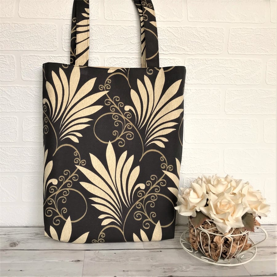 Fern tote bag in dark brown with fern and scrolled stem pattern in beige