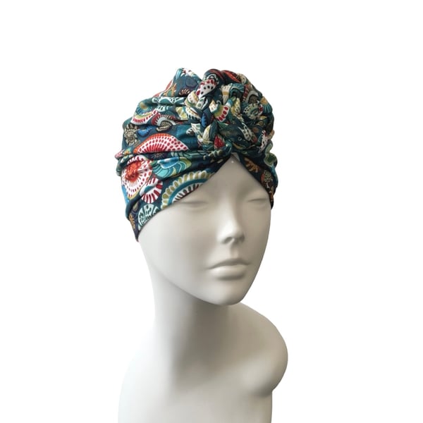 Teal Colourful Chain Knot Turban Hat Soft Elastic Pre Tied Turban Head Wrap 
