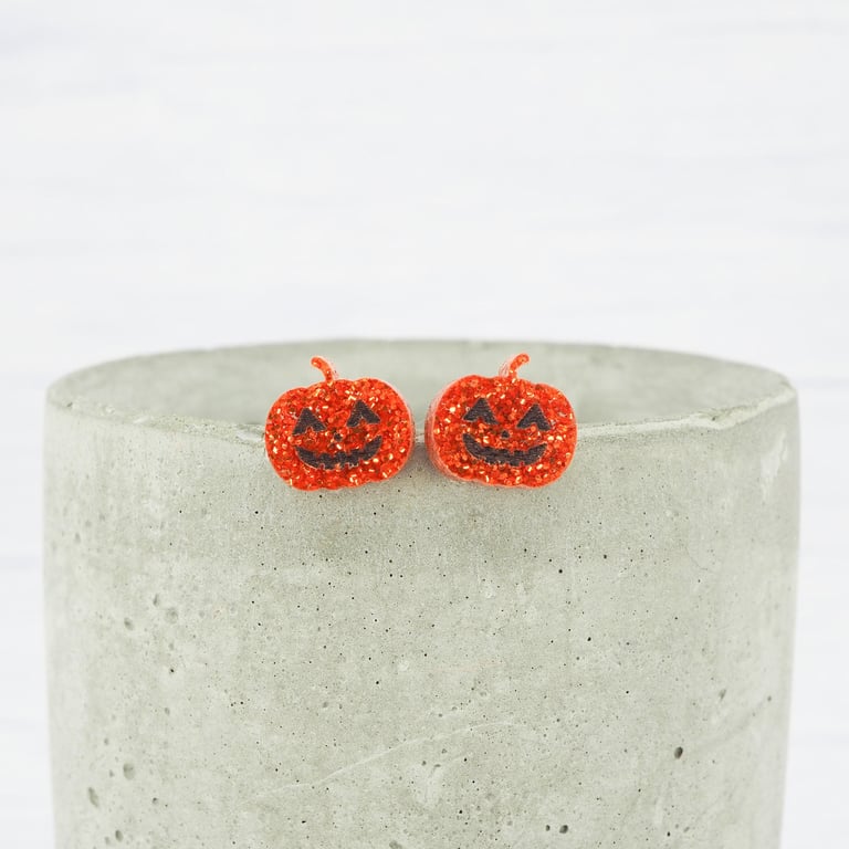 Titanium ear wire Orange glitter Pumpkin stud earrings - Hypoallergenic 