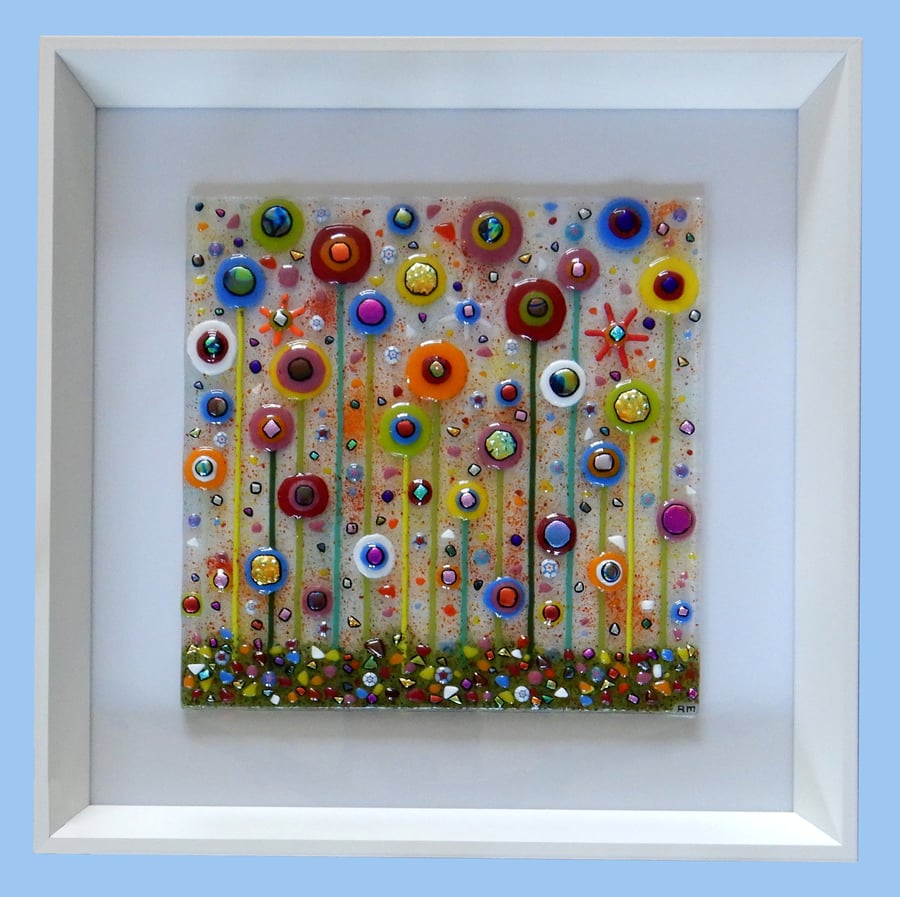 Handmade Fused Glass 'IN THE GARDEN' framed picture.