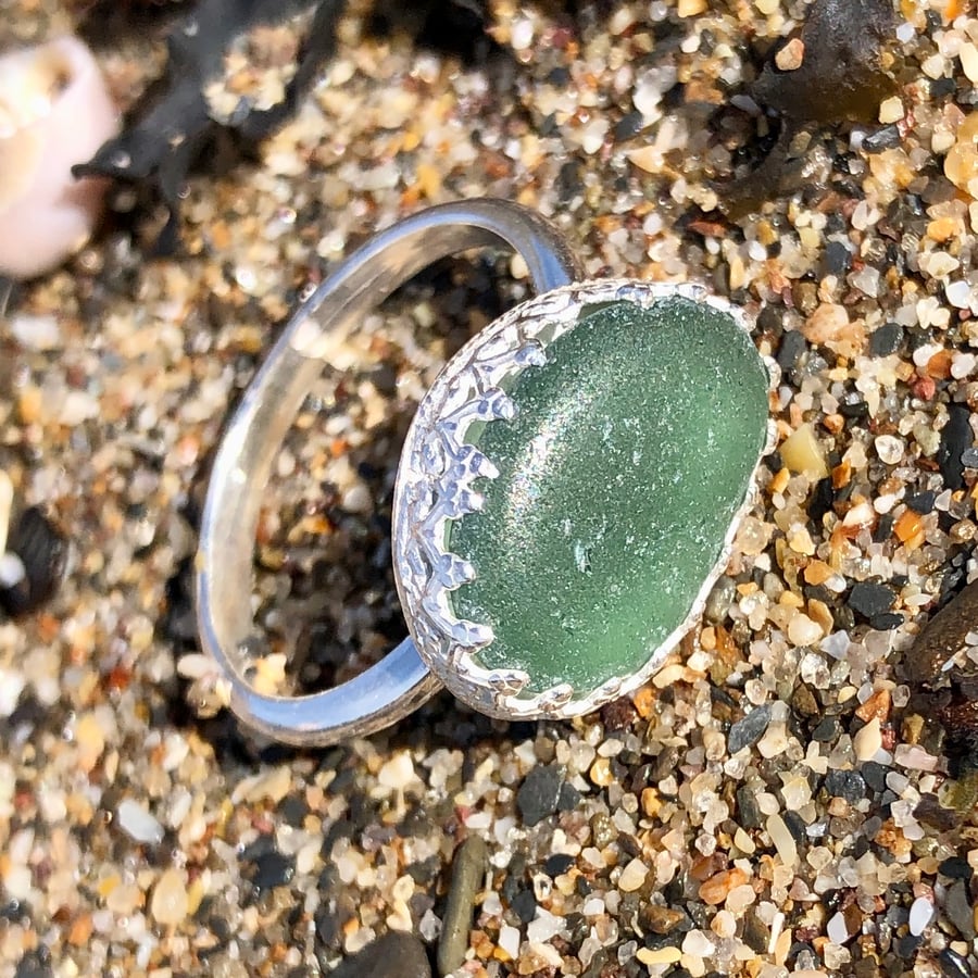 Sage Green Statement Sea Glass and Sterling Silver Ring- Size R  - 1144