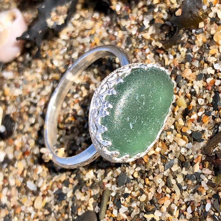 Sage Green Statement Sea Glass and Sterling Silver Ring- Size R  - 1144