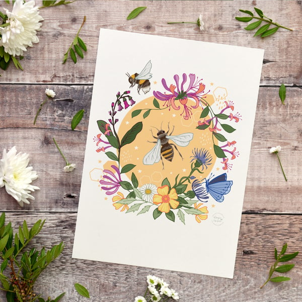 'Bees and Honeysuckle' Illustration Print A4 Unframed 
