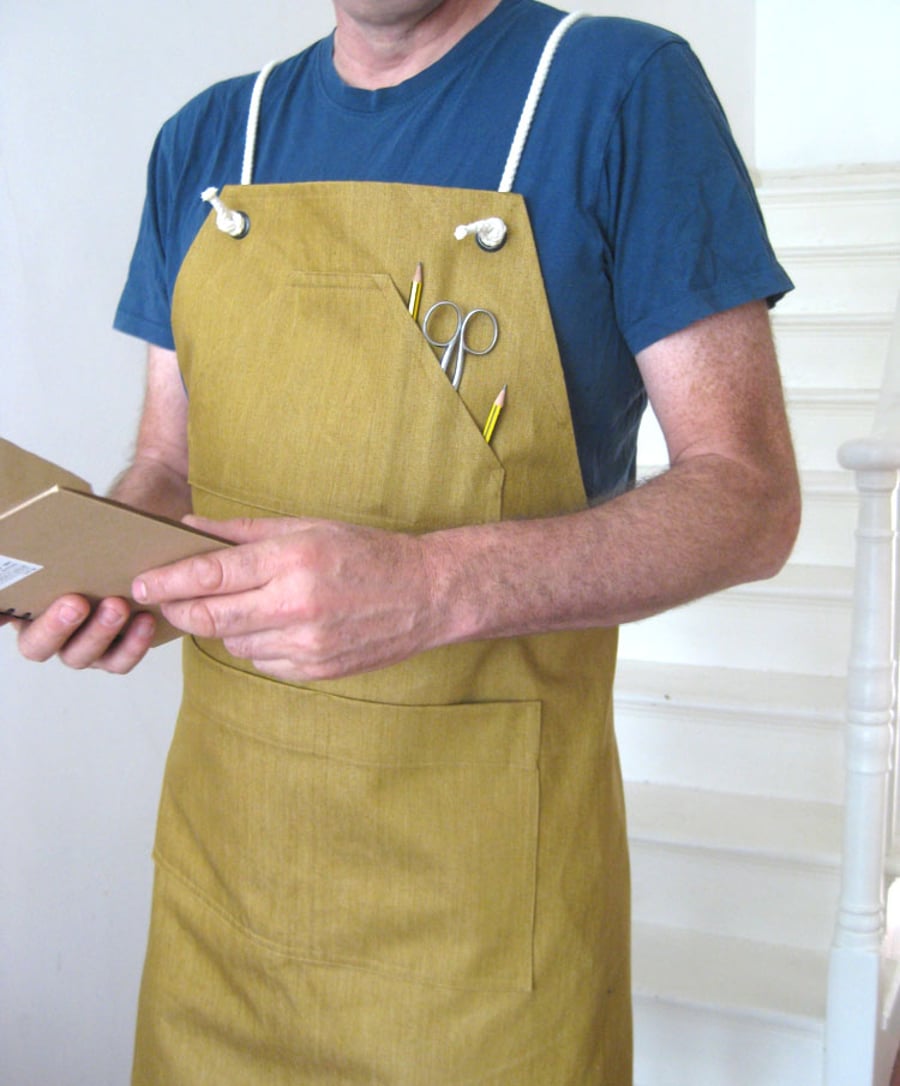 Mens Work Apron, Denim Adjustable Cross Back Apron With Pockets. Ochre No8