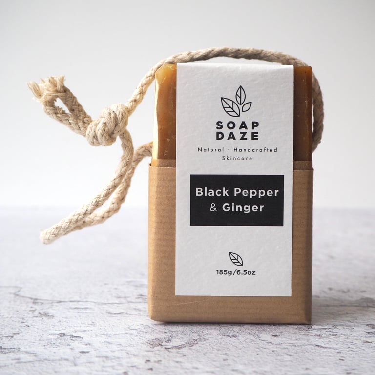 Black Pepper and Ginger soap on rope, vegan, handmade, essential oils