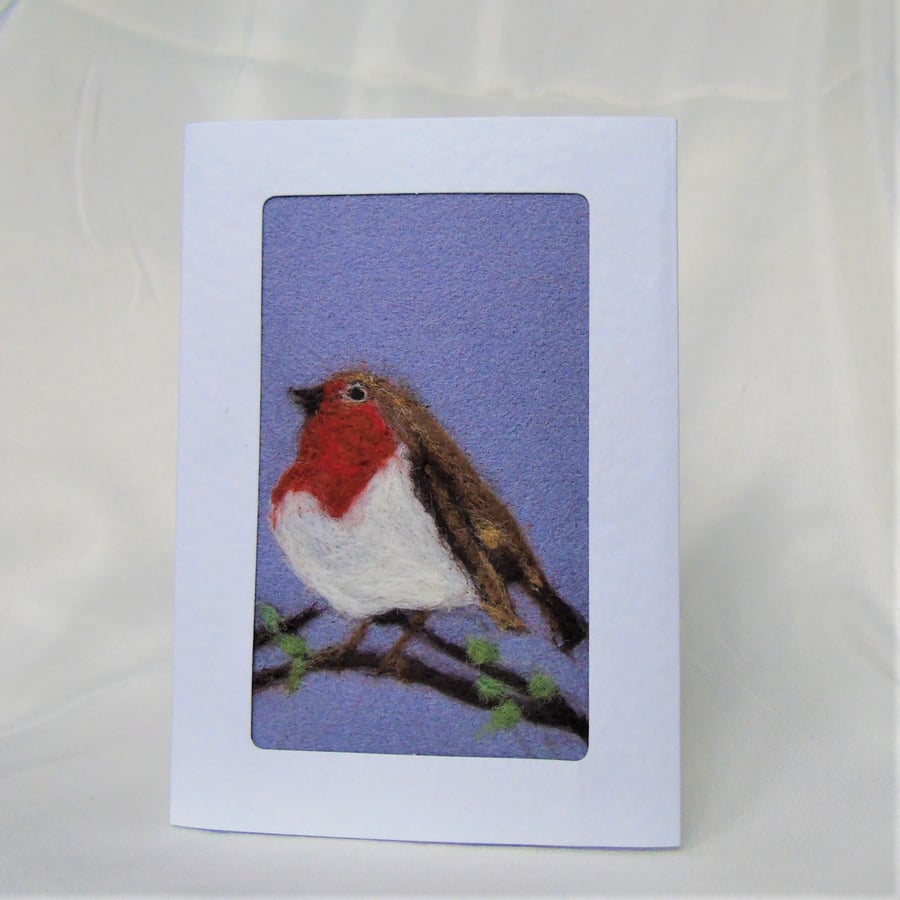 Original Needle felted Robin mounted onto a blank greetings card 