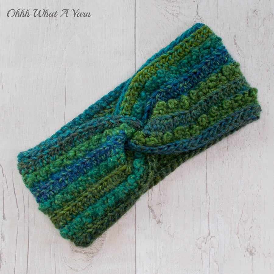Ladies crochet green and blue twist ear warmer. Ear warmer. Green headband.