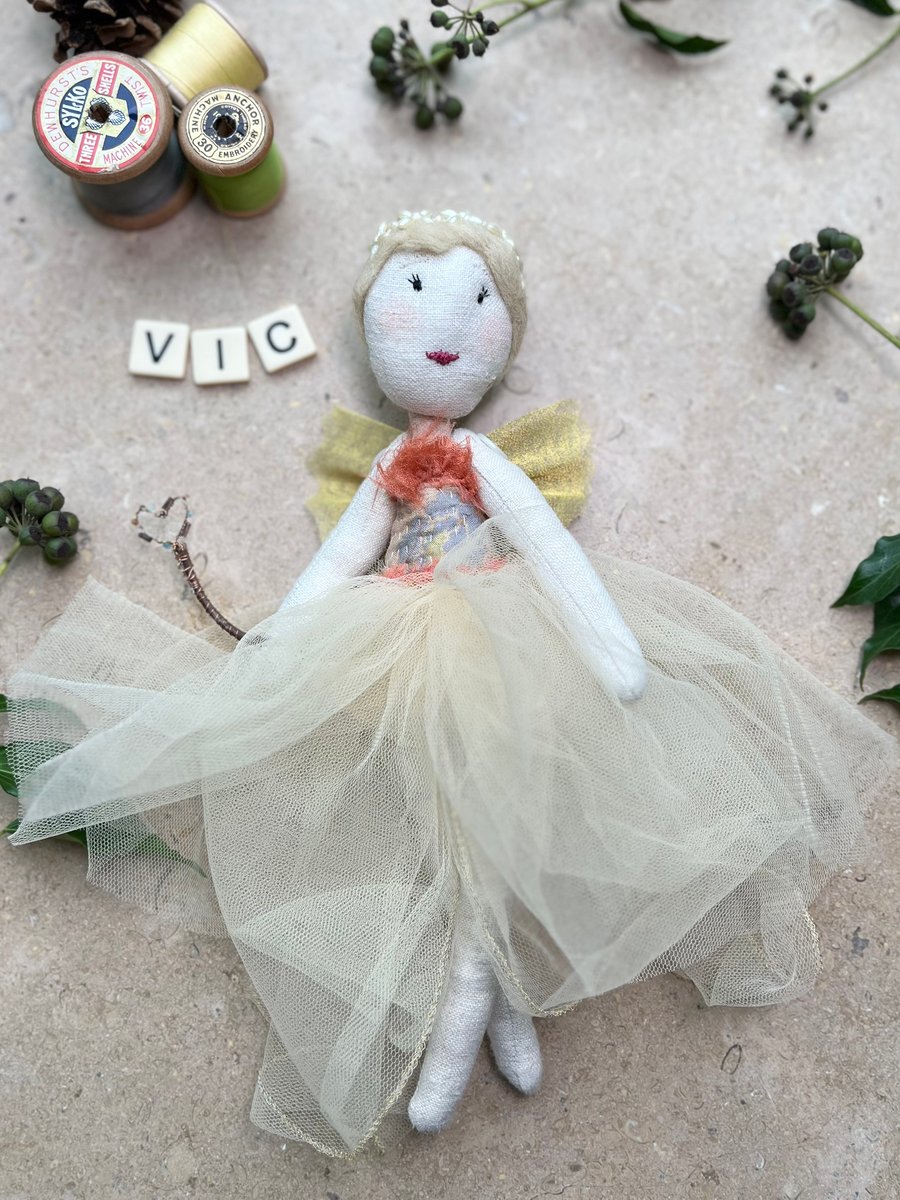 Fairy handmade ornament - Vic - reclaimed fabrics, tree topper