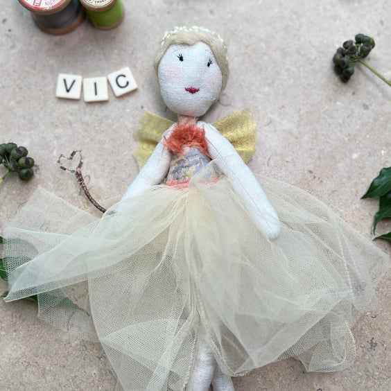 Fairy handmade ornament - Vic - reclaimed fabrics, tree topper