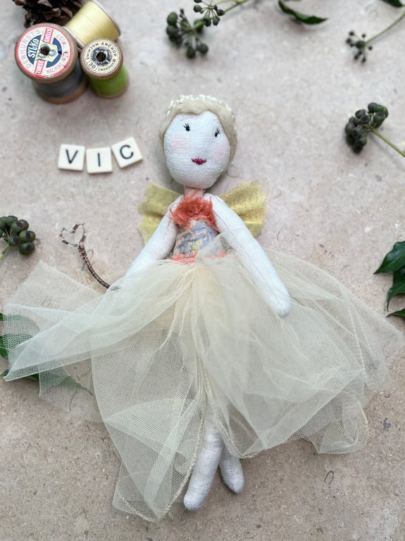 Fairy handmade ornament - Vic - reclaimed fabrics, tree topper