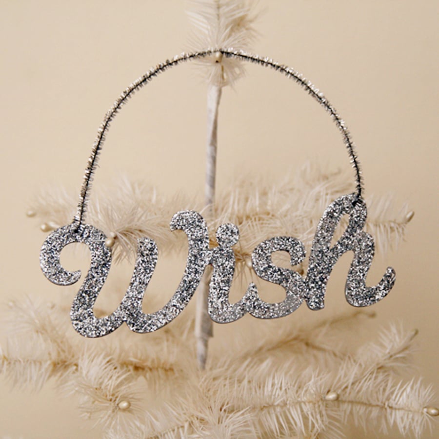 Shabby chic glittery silver vintage style Christmas sign Wish 