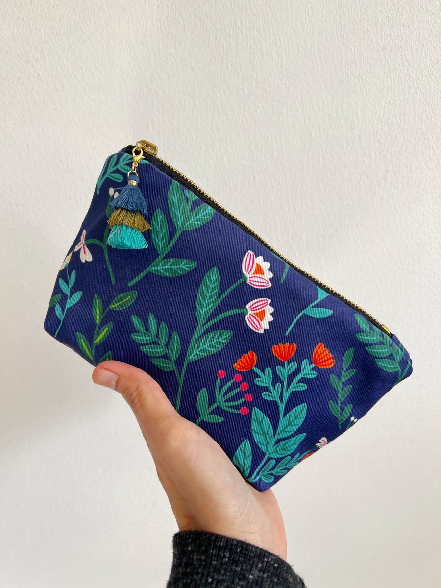 Small Navy Blue Wildflower Make up Bag