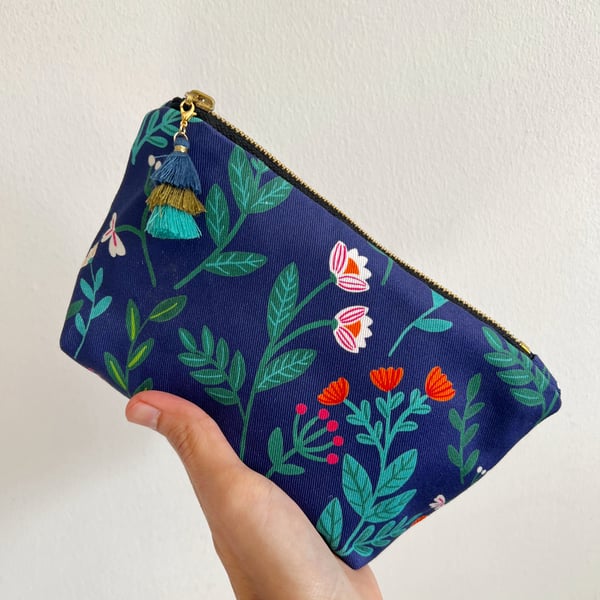 Small Navy Blue Wildflower Make up Bag