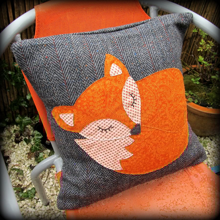 Snoozy fox cushion,  with feather pad.