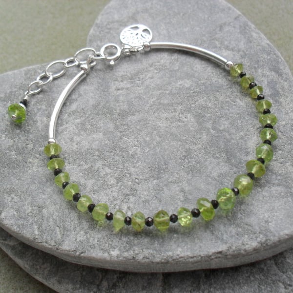 Peridot and Black Spinel Sterling Silver Dainty Bracelet August Birthstone