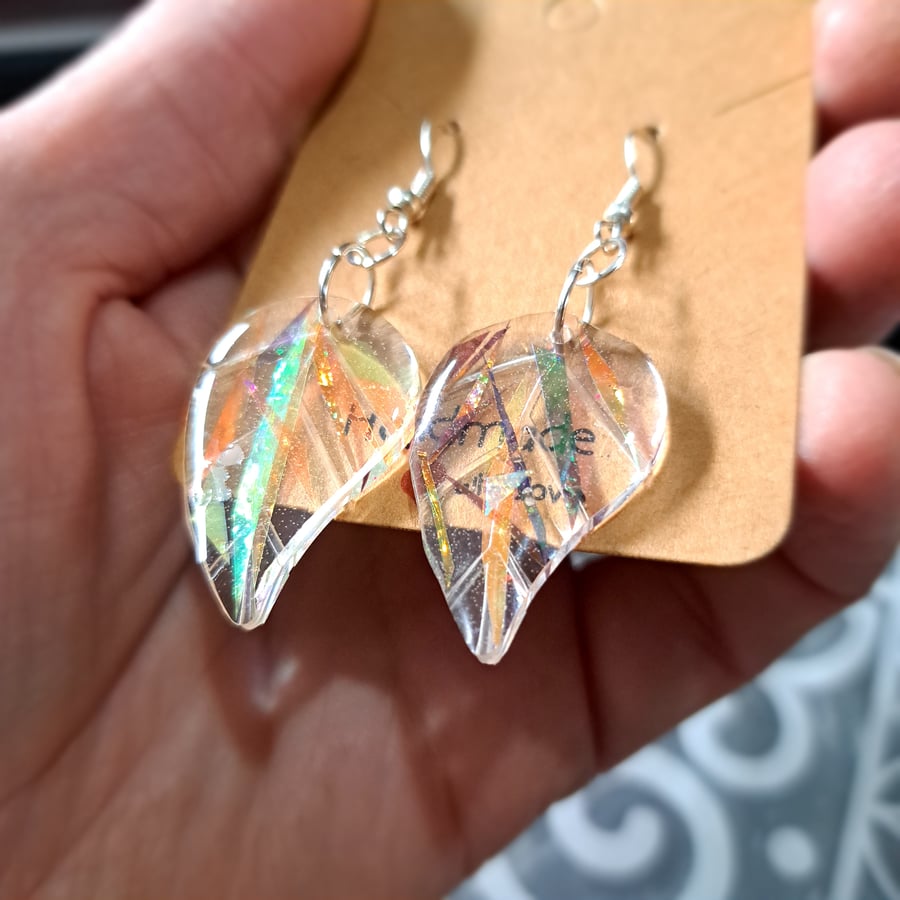 Beautiful resin leaf shaped dichroic filmed earrings