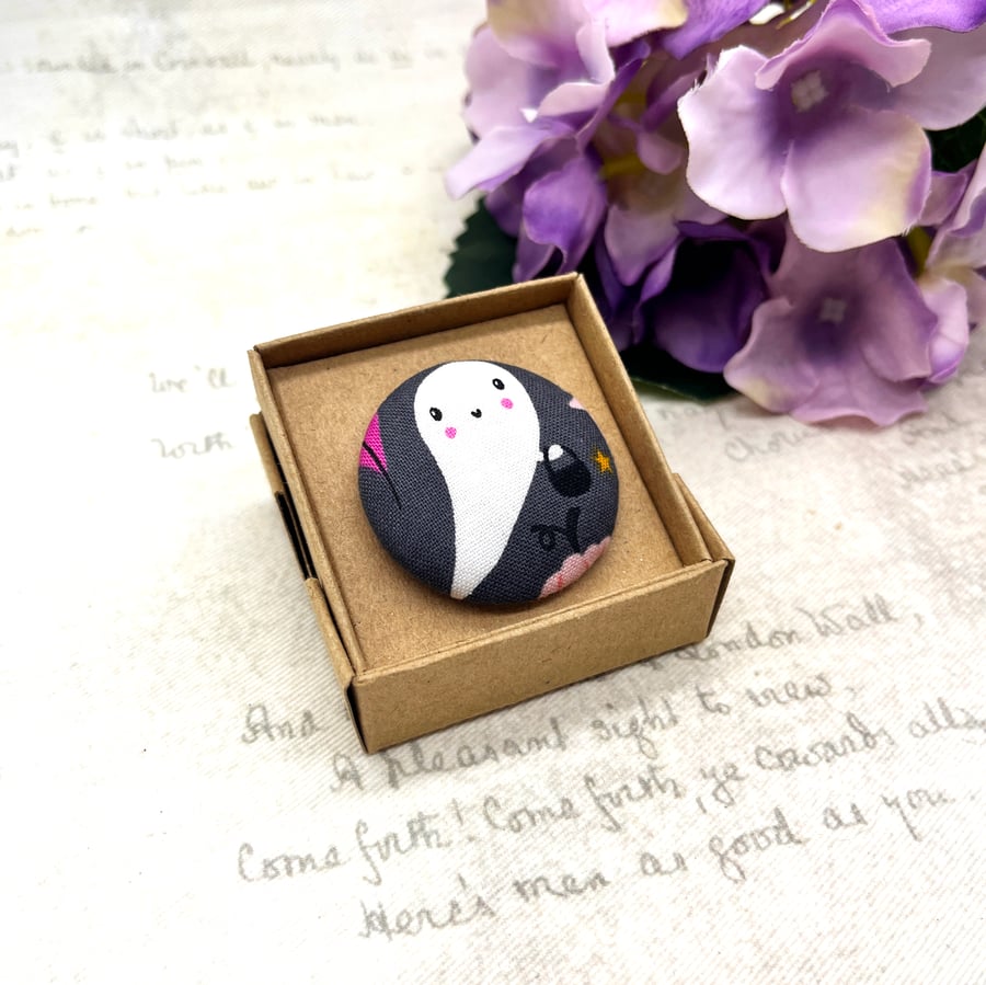 Cute ghost trick or treating large fabric button brooch Halloween lover
