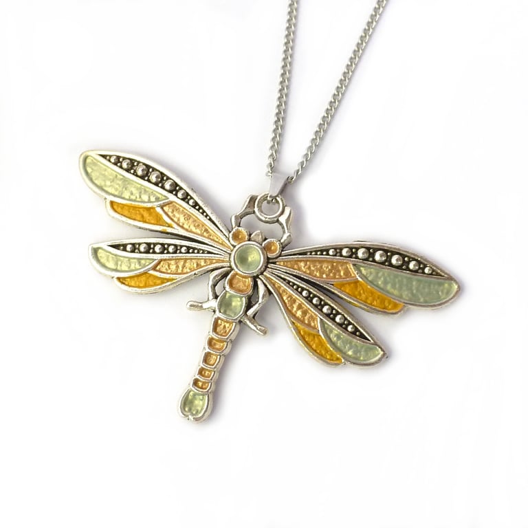 Gold dragonfly pendant, handpainted necklace in gold and iridescent enamels