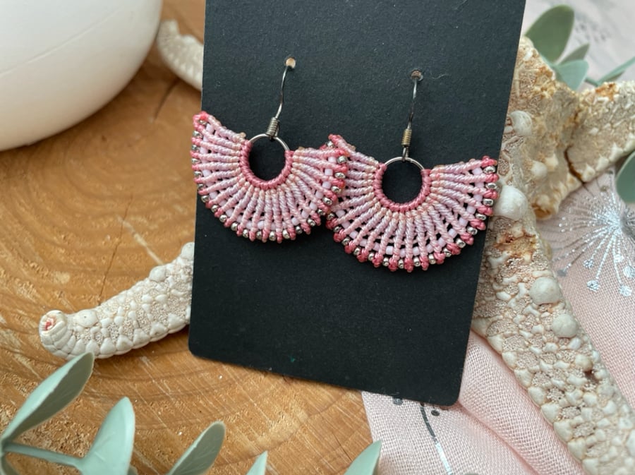 boho earrings handmade micro macrame beaded fan shape earrings 