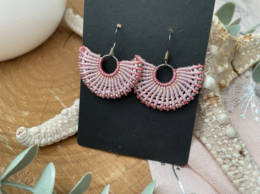boho earrings handmade micro macrame beaded fan shape earrings 