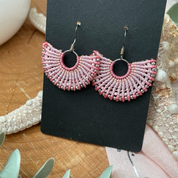 boho earrings handmade micro macrame beaded fan shape earrings 