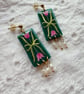 Emerald Green Pink Tulips Rice Pearl Statement Unique Earrings - Image 2